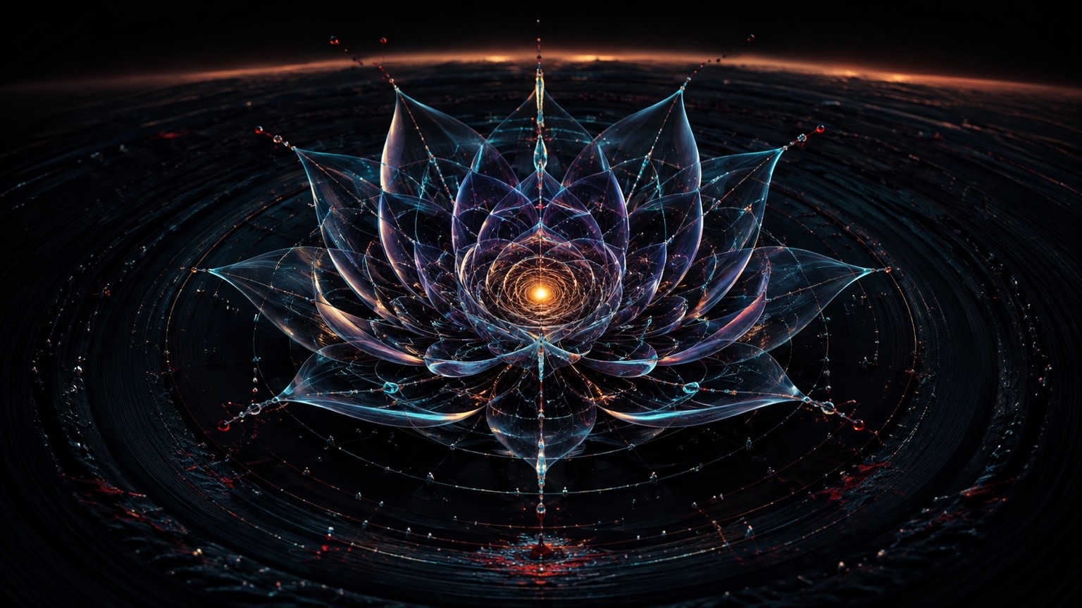 Concept frame: a lotus-like flower drawn in light, geometry and circuitry, glowing warm at the centre over dark rippling water.