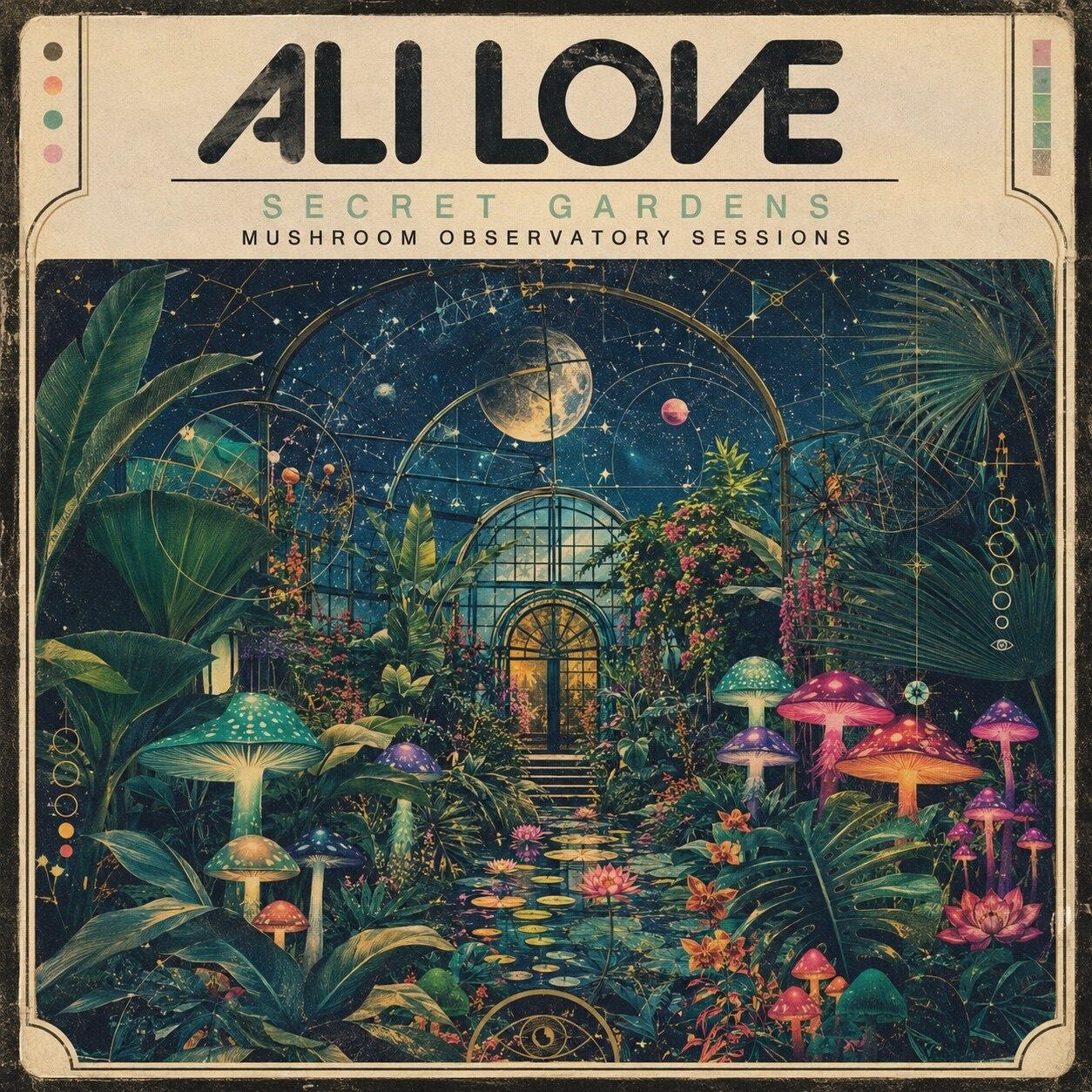 Concept sleeve: ALI LOVE — Secret Gardens, Mushroom Observatory Sessions. A glass conservatory under a star chart, a lit doorway at the end of a path lined with plants and glowing mushrooms.