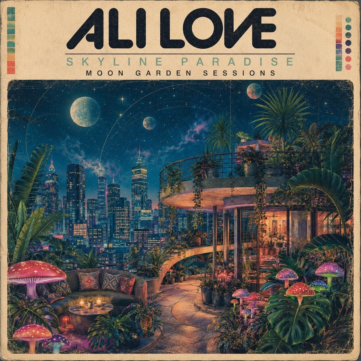 Concept sleeve: ALI LOVE — Skyline Paradise, Moon Garden Sessions. A rooftop garden with candlelit seating and glowing mushrooms above a city skyline, with moons and a small planet in the sky.