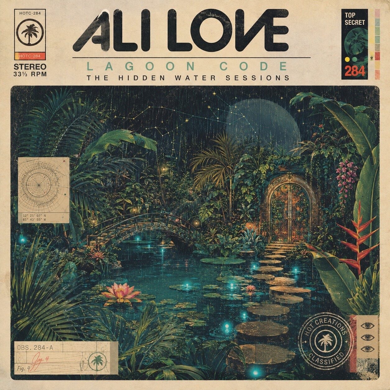 Concept sleeve: ALI LOVE — Lagoon Code, The Hidden Water Sessions. Rain over a jungle pool, stepping stones leading to an arched doorway, with archival labels, coordinates and a classified stamp in the margins.