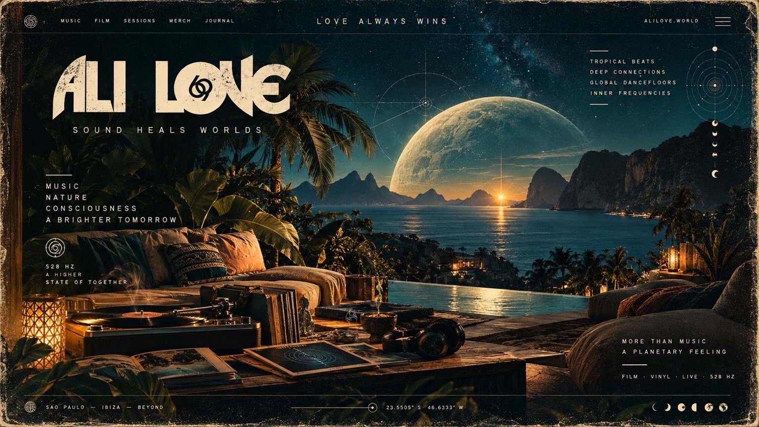 Concept web study: a full-screen ALI LOVE homepage over a moonlit tropical bay, with navigation, the line “Sound heals worlds”, and a listening space with records in the foreground.