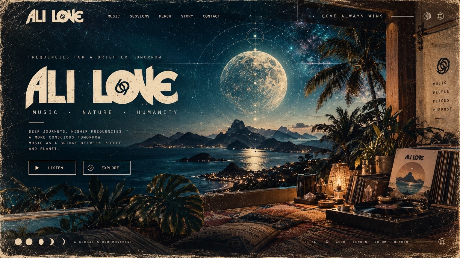 Concept web study: an alternate ALI LOVE homepage — wordmark, “Music · Nature · Humanity”, Listen and Explore buttons, a full moon over the sea and a crate of records at the right.