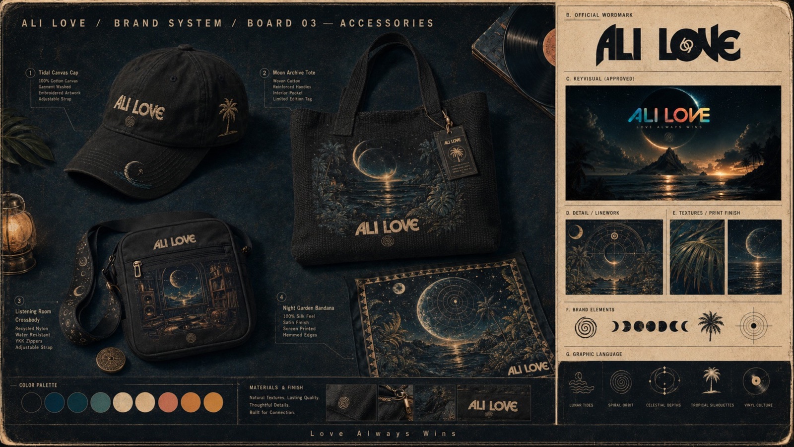 Concept board: ALI LOVE brand system, board 03 — accessories. A cap, tote, shoulder bag, bandana and lanyard in night colours, with wordmark, palette and graphic-language swatches.