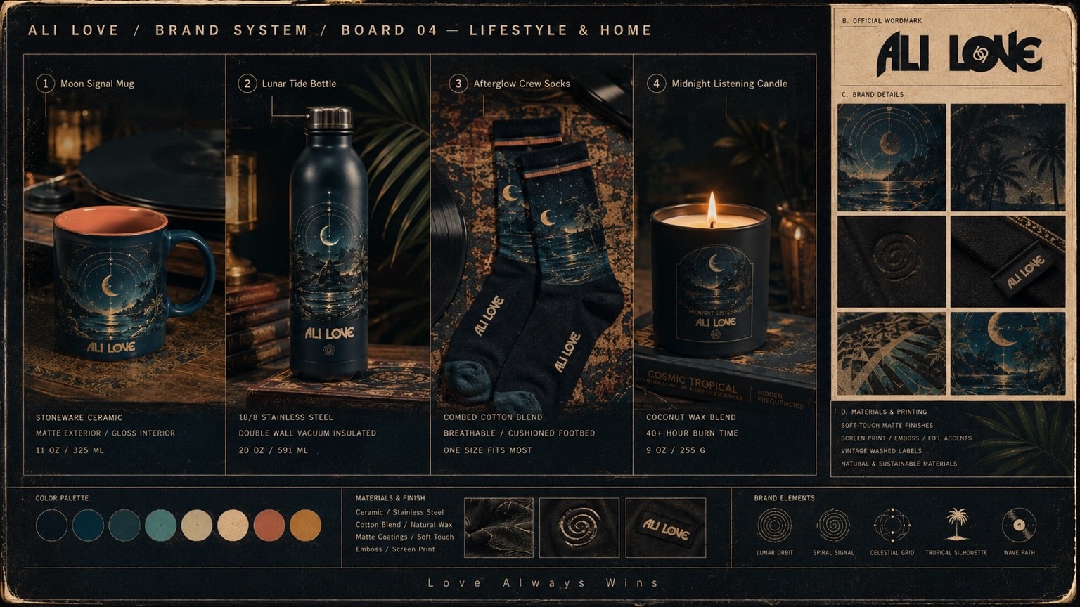 Concept board: ALI LOVE brand system, board 04 — lifestyle and home. A mug, a bottle, socks and a candle, with materials, palette and brand elements.