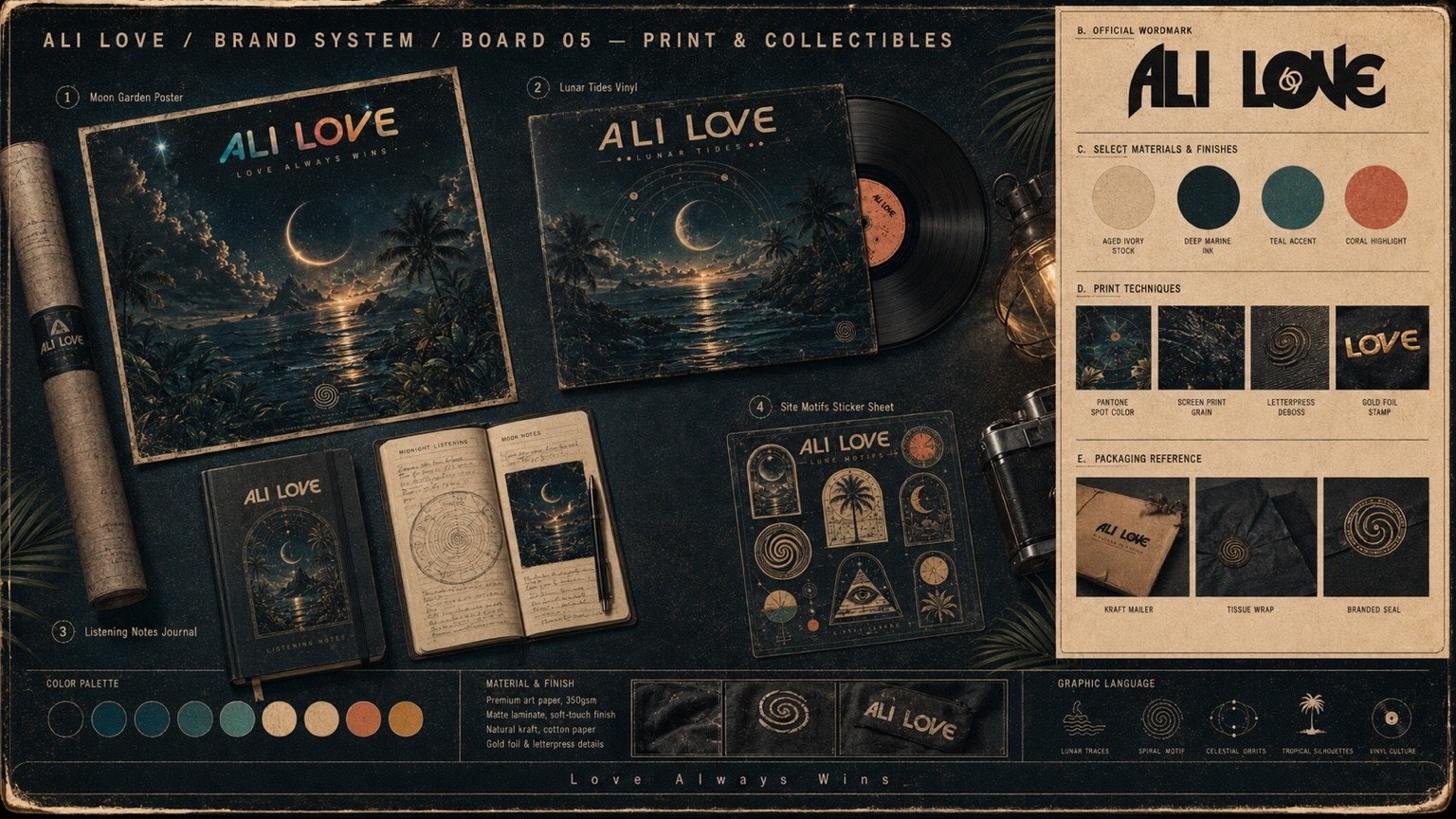 Concept board: ALI LOVE brand system, board 05 — print and collectibles. A poster tube, a poster, a vinyl sleeve, a notebook, a sticker sheet, print techniques and packaging references.