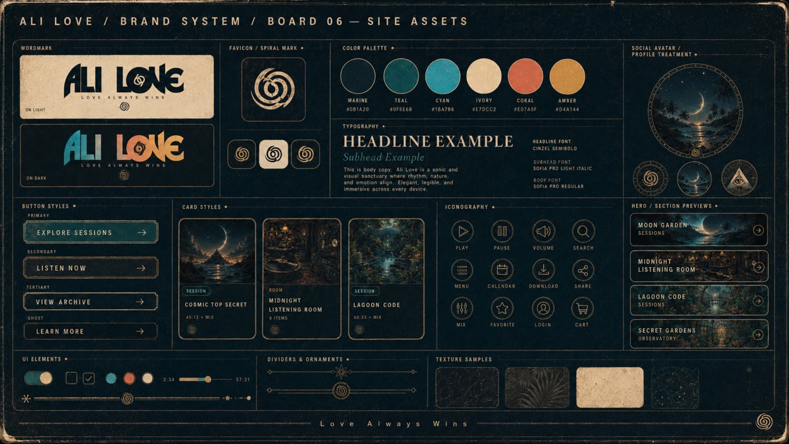 Concept board: ALI LOVE brand system, board 06 — site assets. Wordmark, spiral mark, colour palette (marine, teal, cyan, ivory, coral, amber), typography, buttons, cards, icons, dividers and textures.