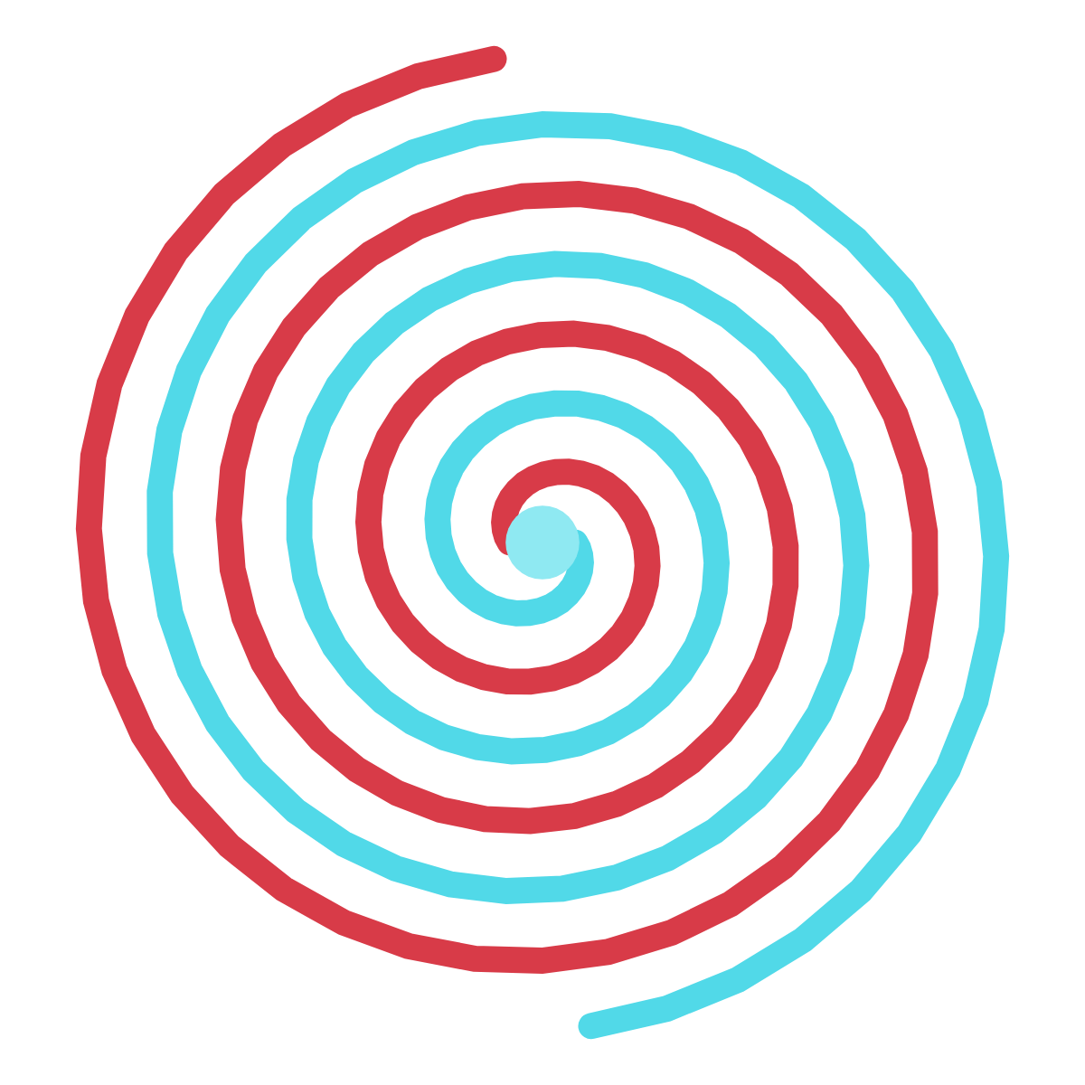 The Ali Love sigil: two interleaved spirals, cyan and crimson